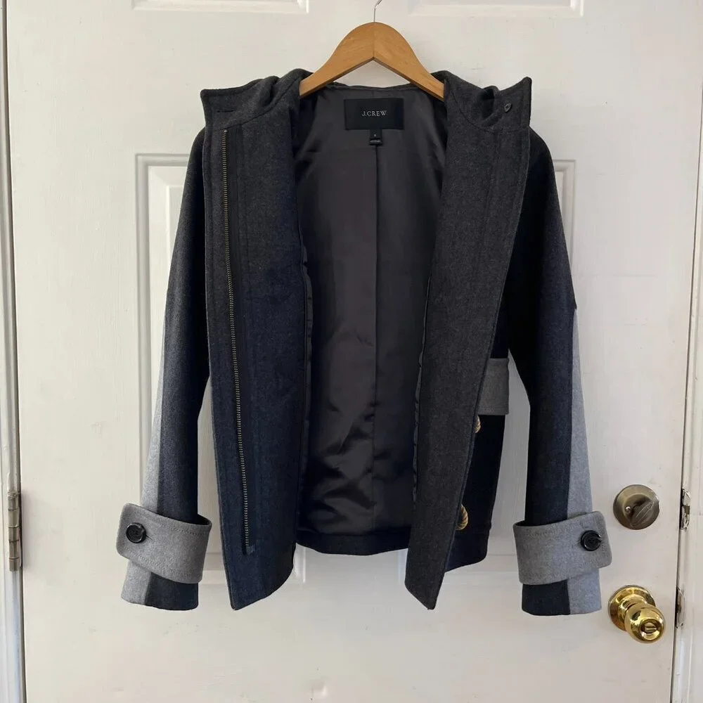 J.Crew Woman's Black/Grey Wool Outdoor Duffle Toggle Short Coat Sz 0 - Picture 7 of 11